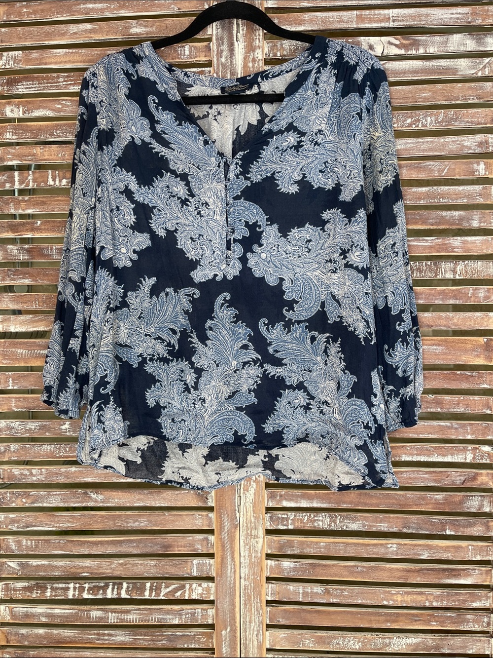 Lucky Brand Navy and White Paisley V-Neck Blouse